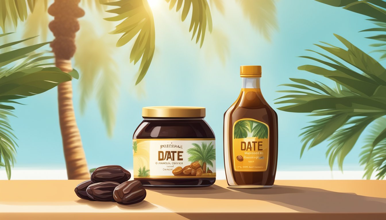 A jar of date syrup sits on a shelf, surrounded by fresh dates and a lush date palm tree in the background. The sunlight highlights the rich, caramel color of the syrup