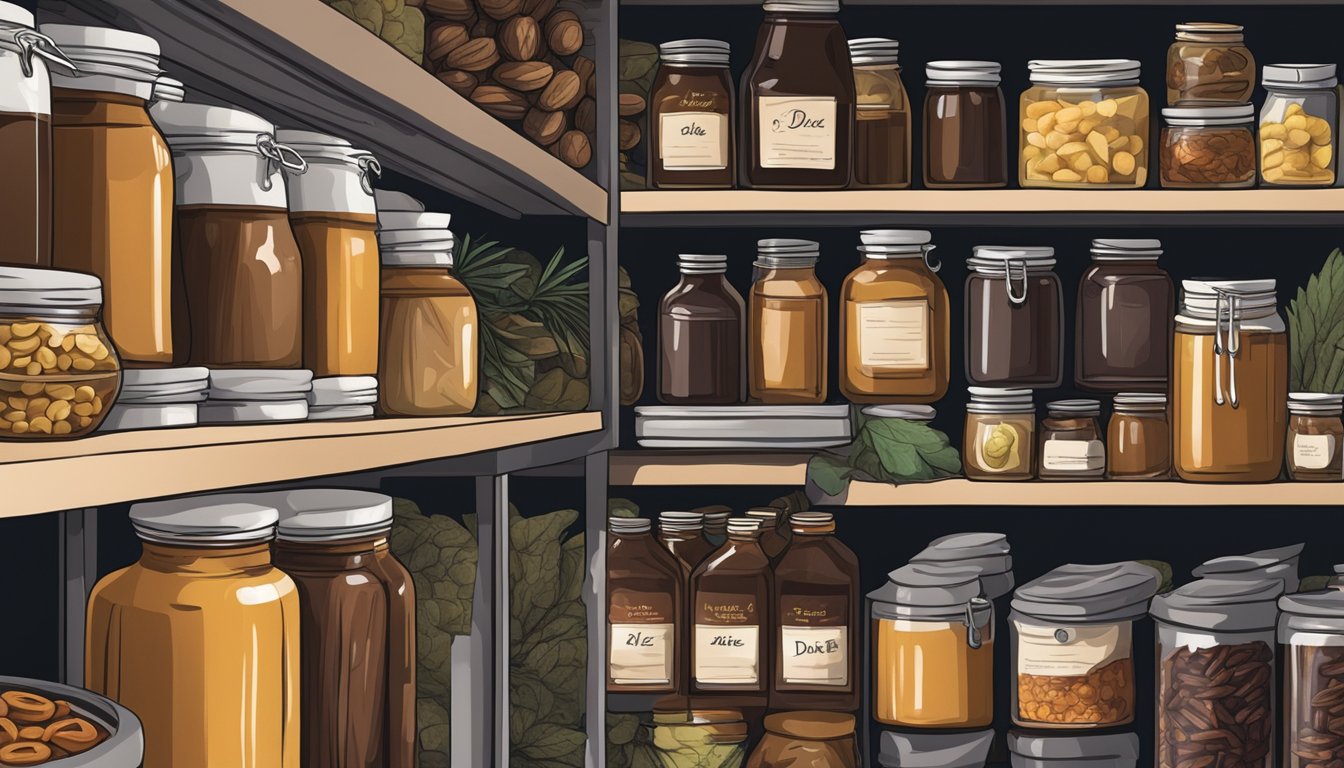 A jar of date syrup sits on a shelf in a cold, dark pantry, surrounded by other preserved foods