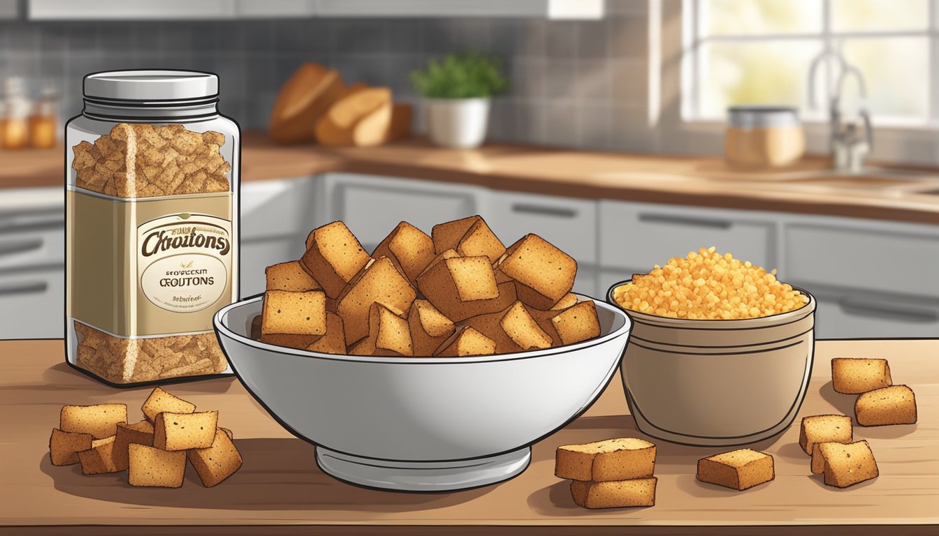 A bowl of croutons sits on a kitchen counter next to a loaf of bread and a jar of seasoning. The croutons are dry and crispy, with a golden brown color