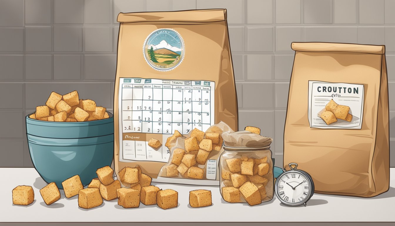 A bag of croutons sits on a kitchen counter, next to a calendar and a clock. The croutons are in clear packaging, with a best-before date printed on the label