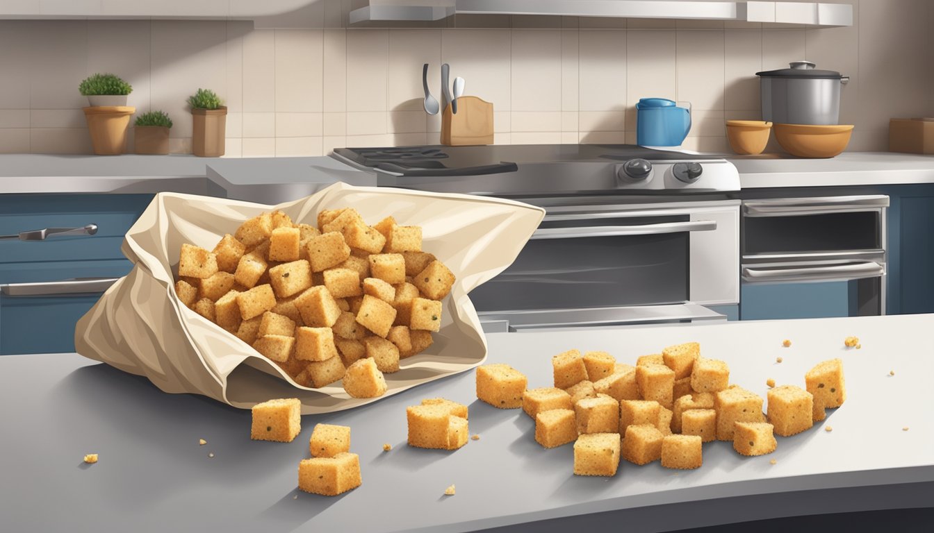 A bag of croutons sits open on a kitchen counter, with mold growing on the pieces and a foul smell emanating from the bag