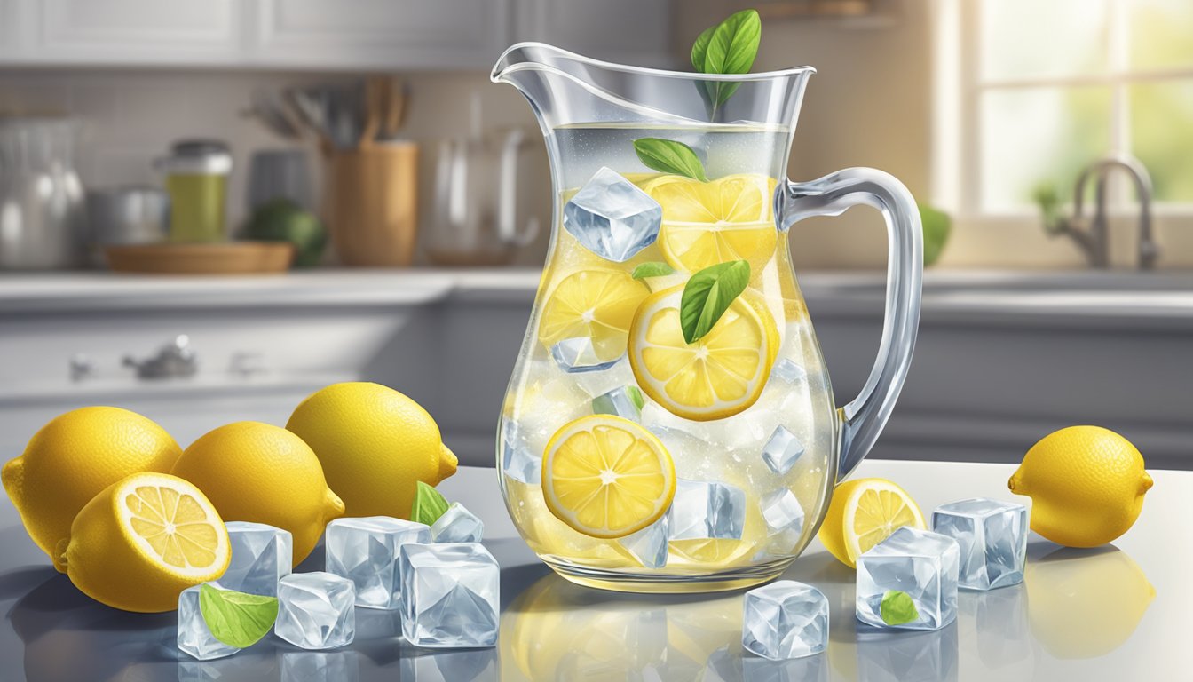 A glass pitcher filled with Crystal Light Drink Mix sits on a kitchen counter, surrounded by fresh lemons and ice cubes