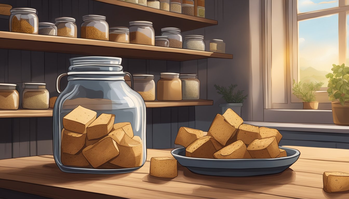 A sealed bag of croutons sits on a pantry shelf next to a jar of spices and a loaf of bread. The pantry is dimly lit, with a faint aroma of dried herbs in the air