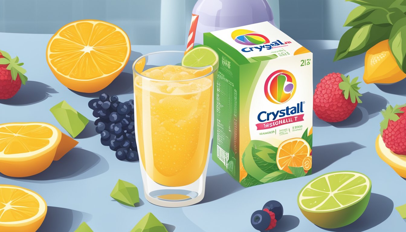 A glass of Crystal Light Drink Mix sits on a kitchen counter, surrounded by fresh fruits and a calendar indicating the current date