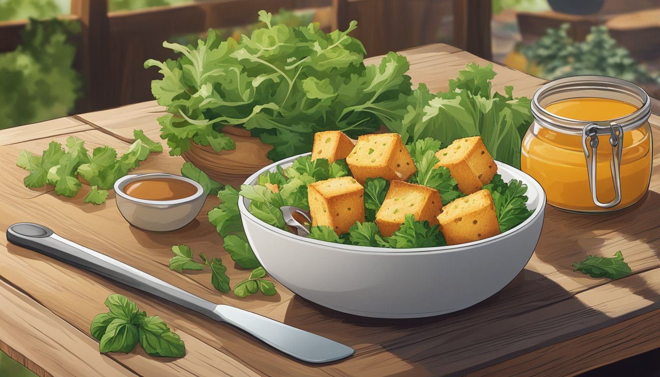 A bowl of croutons sits on a rustic wooden table, surrounded by fresh greens and a variety of salad ingredients. A jar of dressing and a pair of tongs are nearby