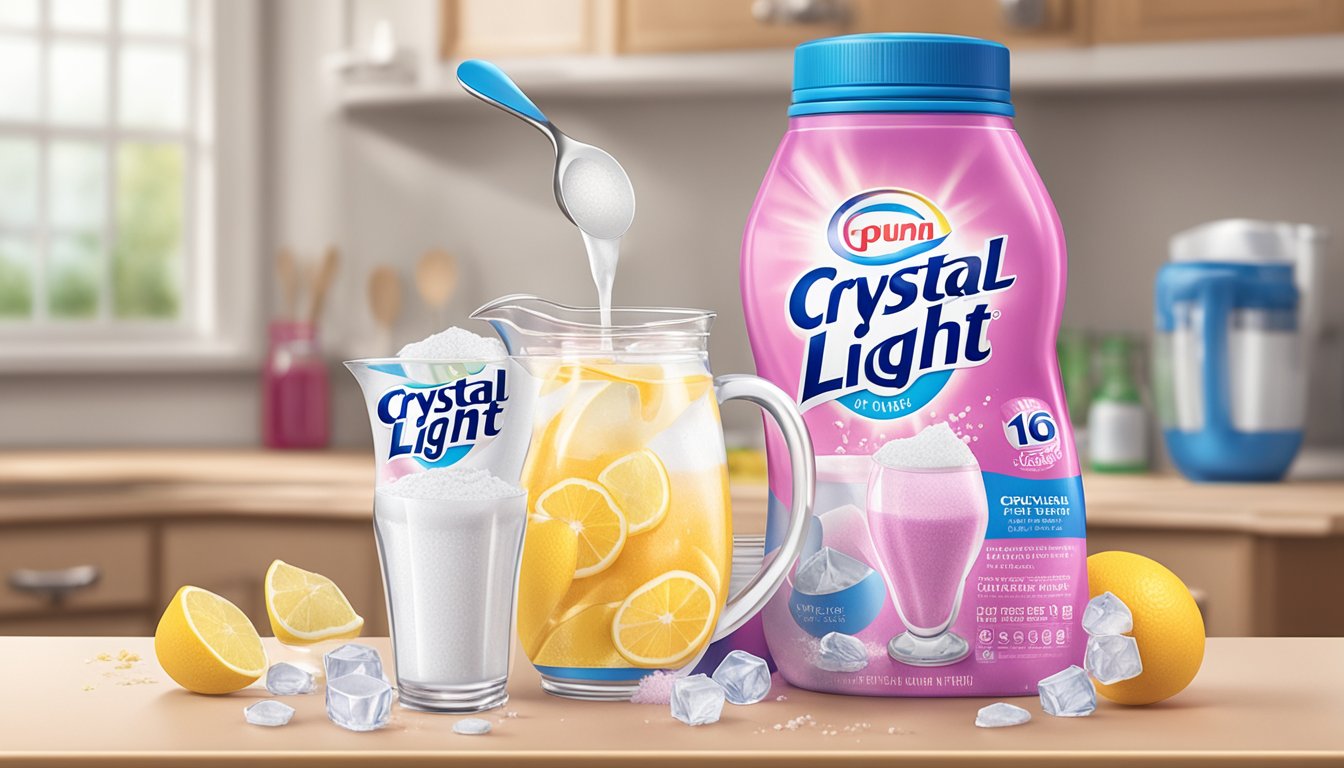 A pitcher of Crystal Light Drink Mix sits on a counter, surrounded by empty glasses and a measuring spoon. The package is open, with powder spilling out