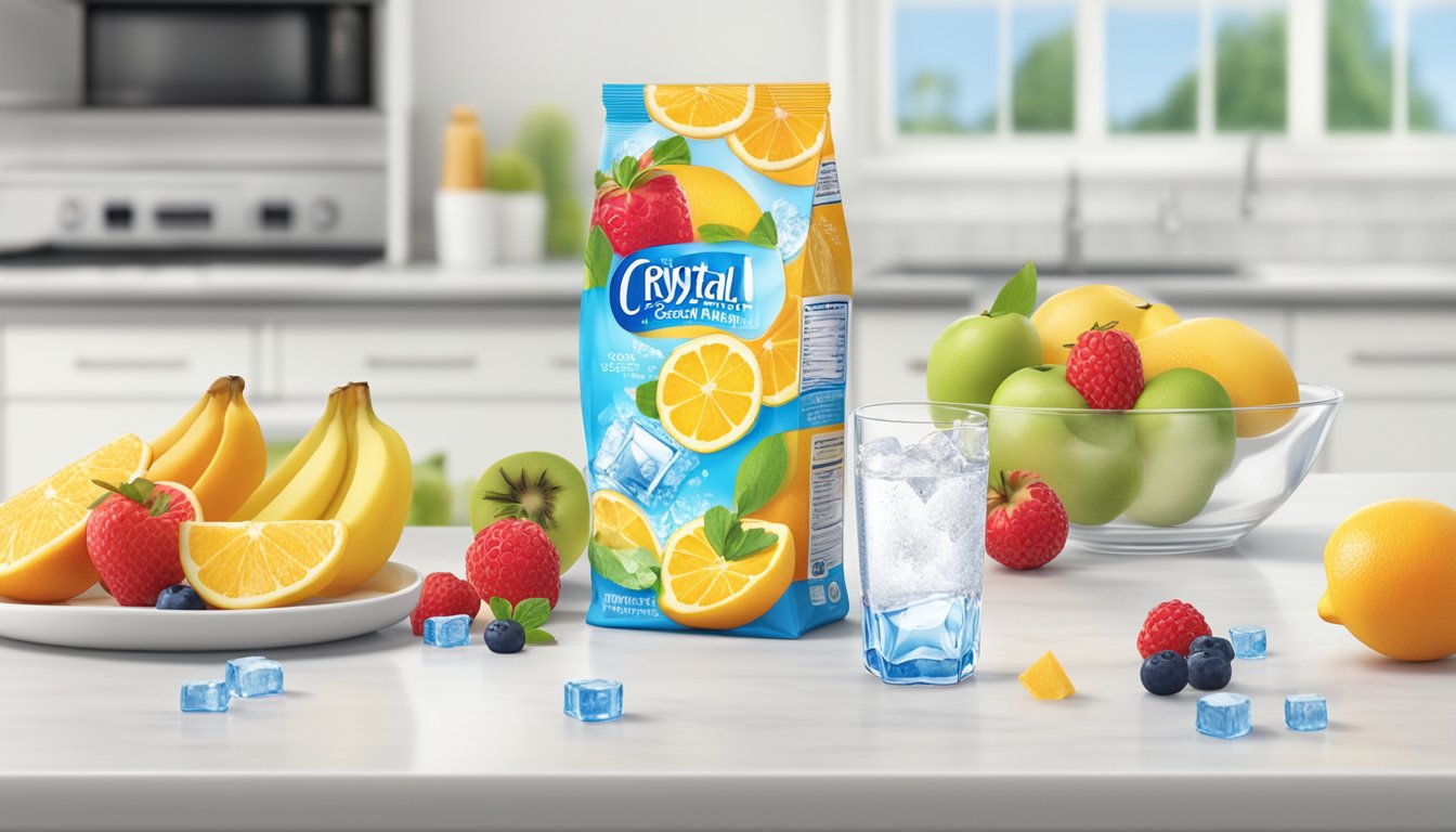 A sealed Crystal Light Drink Mix packet sits next to a glass of water, surrounded by fresh fruits and ice cubes on a clean, white kitchen counter