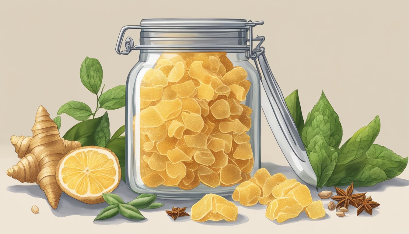 A jar of crystallized ginger sits on a kitchen counter, surrounded by other spices and ingredients. The ginger pieces are coated in sugar and have a slightly translucent appearance