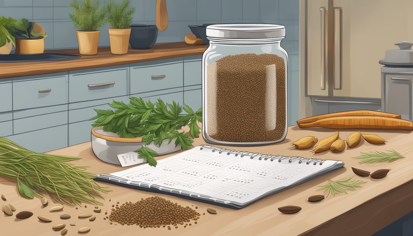 A jar of cumin seeds on a kitchen counter, surrounded by various spices and herbs, with a calendar showing the current date in the background