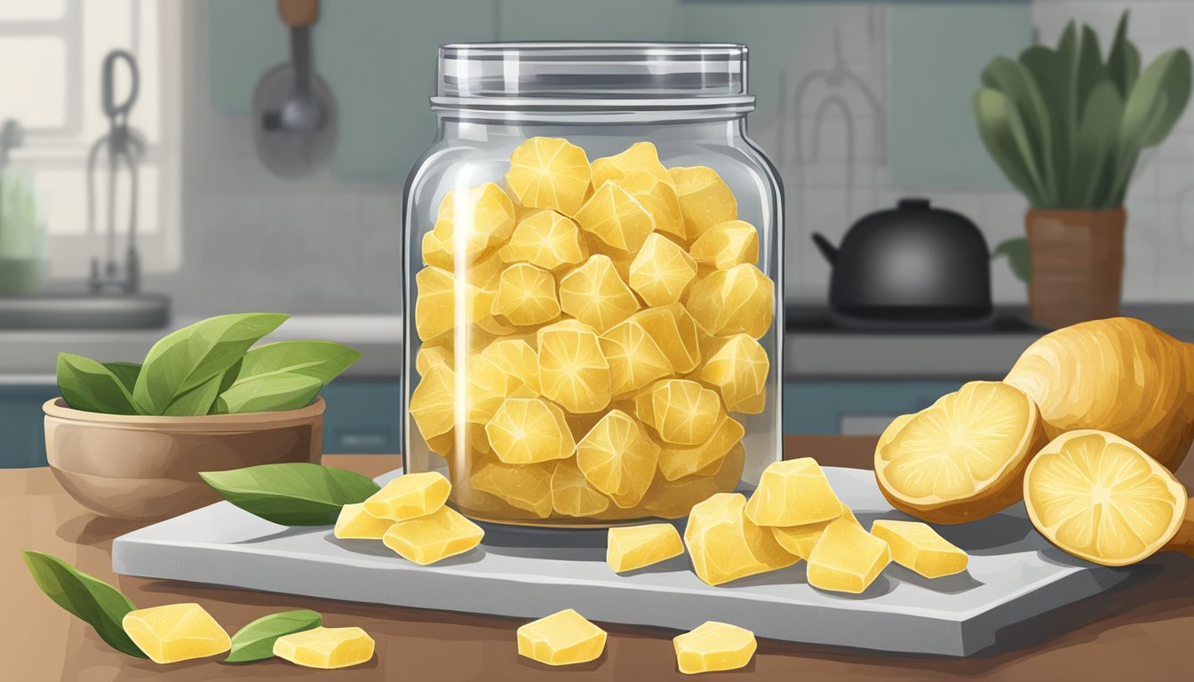 A jar of crystallized ginger sits on a kitchen counter, surrounded by fresh ginger root and a cutting board with sliced pieces