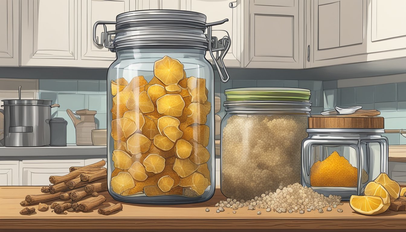 A jar of crystallized ginger sits on a kitchen shelf, surrounded by other spices and ingredients. The ginger pieces are dry and slightly shriveled, with a few showing signs of mold