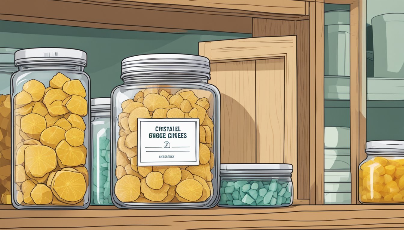 A jar of crystallized ginger sits on a shelf, surrounded by other pantry items. The label displays storage guidelines for best quality