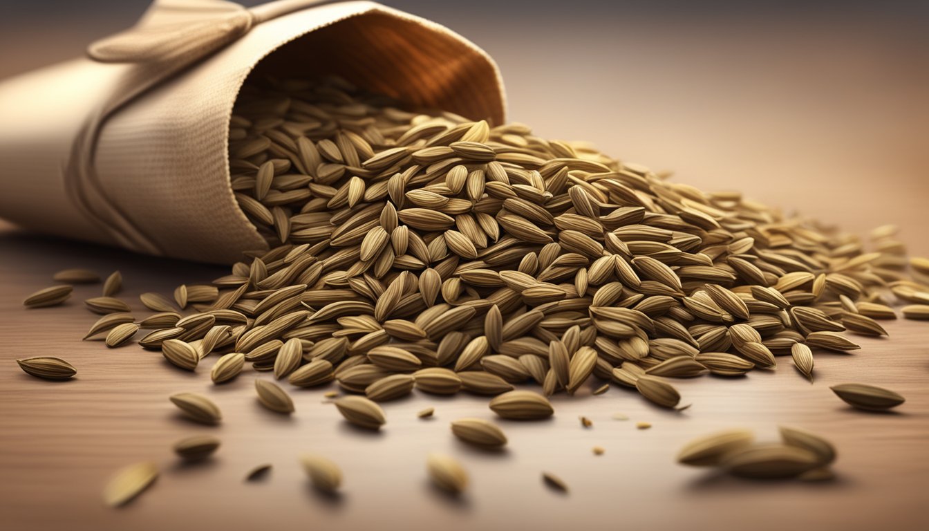 A pile of cumin seeds spilling out of a torn, faded package, with a few seeds scattered on the countertop