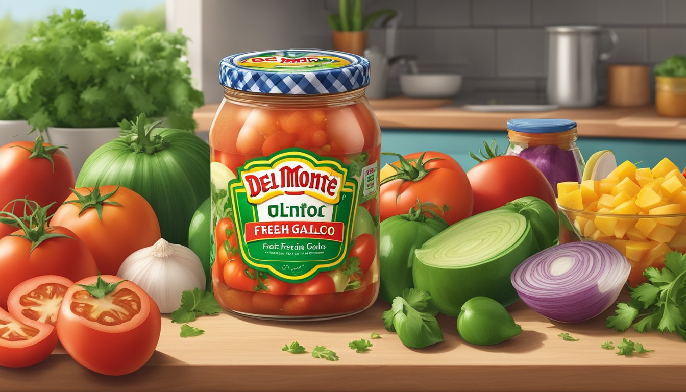 A jar of Del Monte Fresh Pico de Gallo sits on a kitchen counter, surrounded by colorful ingredients like tomatoes, onions, and cilantro