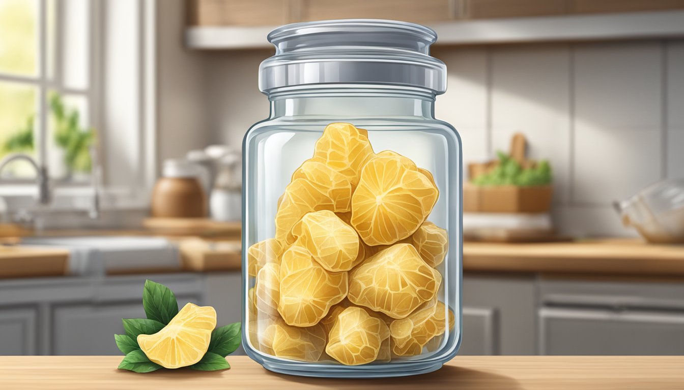 Crystallized ginger stored in a sealed glass jar on a kitchen shelf