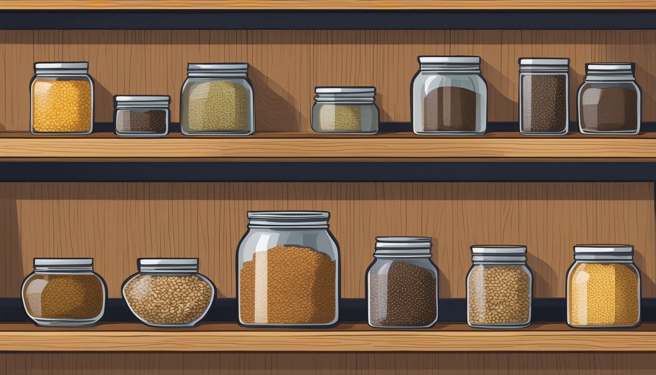 A glass jar filled with cumin seeds sits on a wooden shelf in a well-lit pantry. The seeds are dry and aromatic, with no signs of spoilage