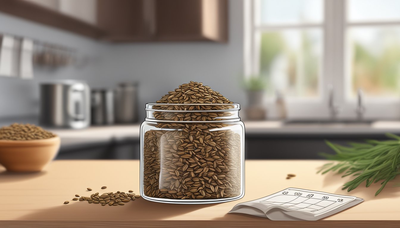 A small pile of cumin seeds sits in a glass jar on a kitchen counter, with a calendar in the background marking the current date