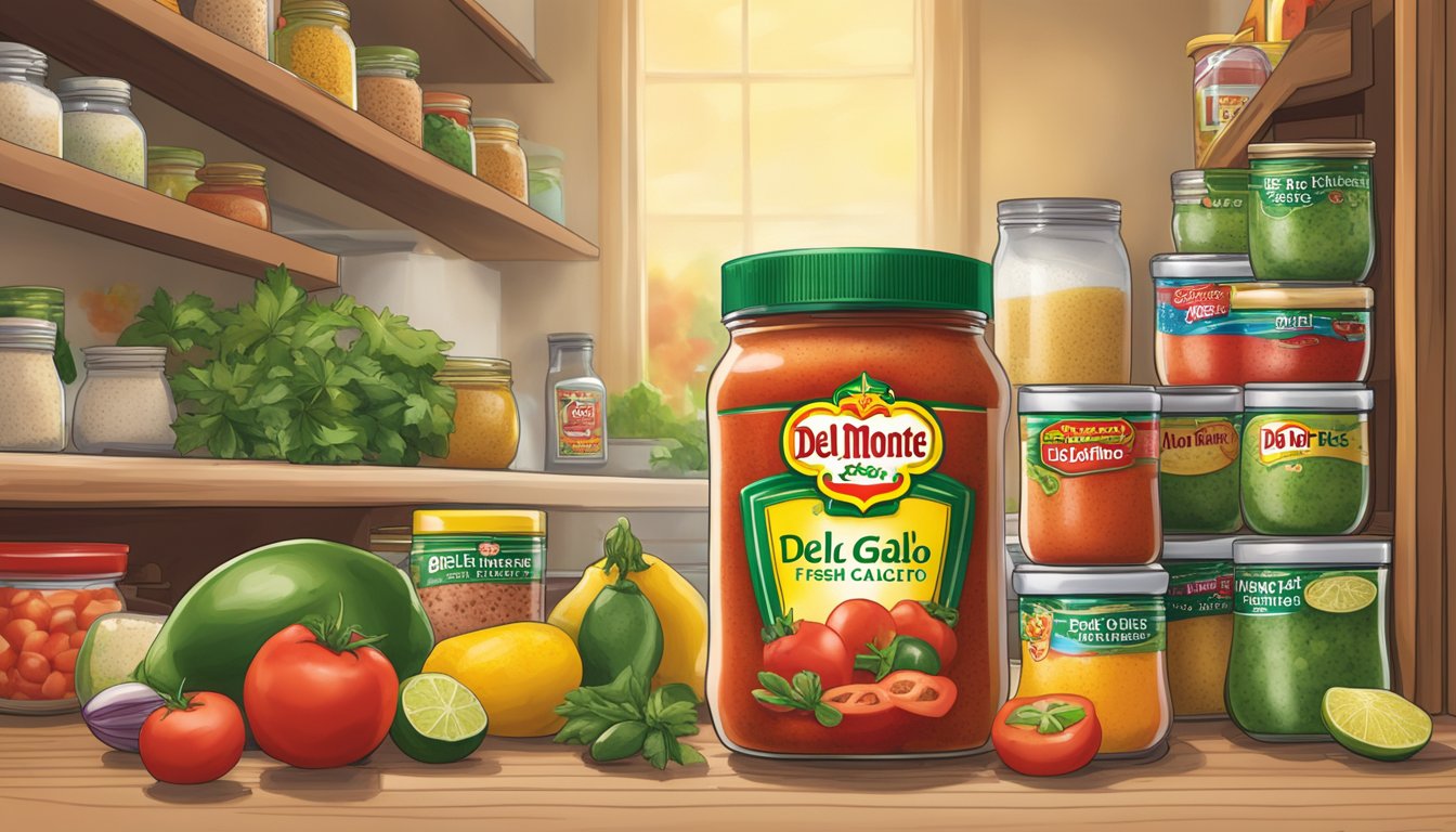 A jar of Del Monte Fresh Pico de Gallo sits on a kitchen shelf, surrounded by other condiments and spices. The label indicates the expiration date