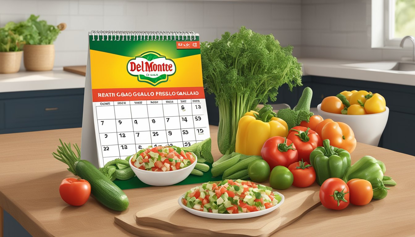 A bowl of Del Monte Fresh Pico de Gallo sits on a kitchen counter, surrounded by fresh vegetables and a calendar indicating the date of purchase