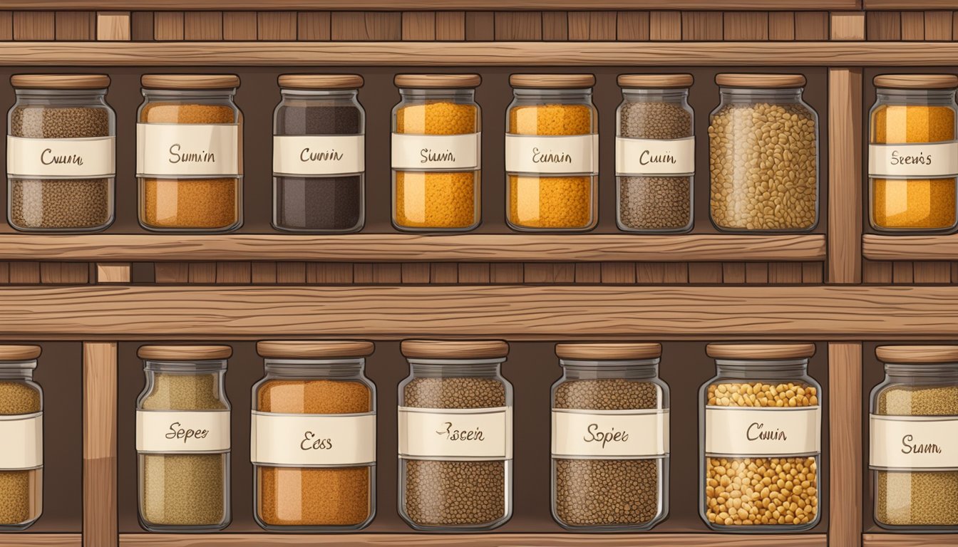 A small glass jar filled with cumin seeds, placed on a wooden spice rack next to other jars of various spices