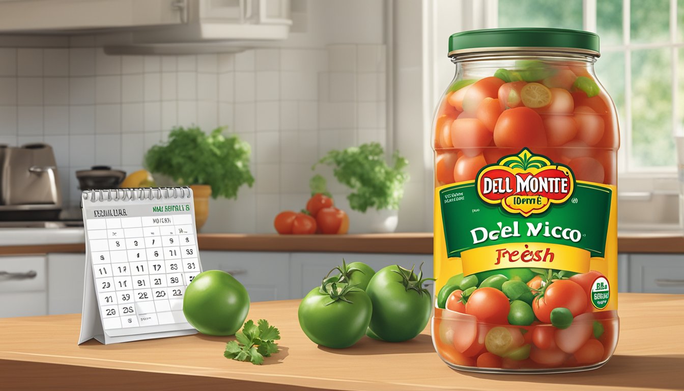 A jar of Del Monte Fresh Pico de Gallo sits on a clean, well-lit kitchen counter, next to a calendar indicating the current date