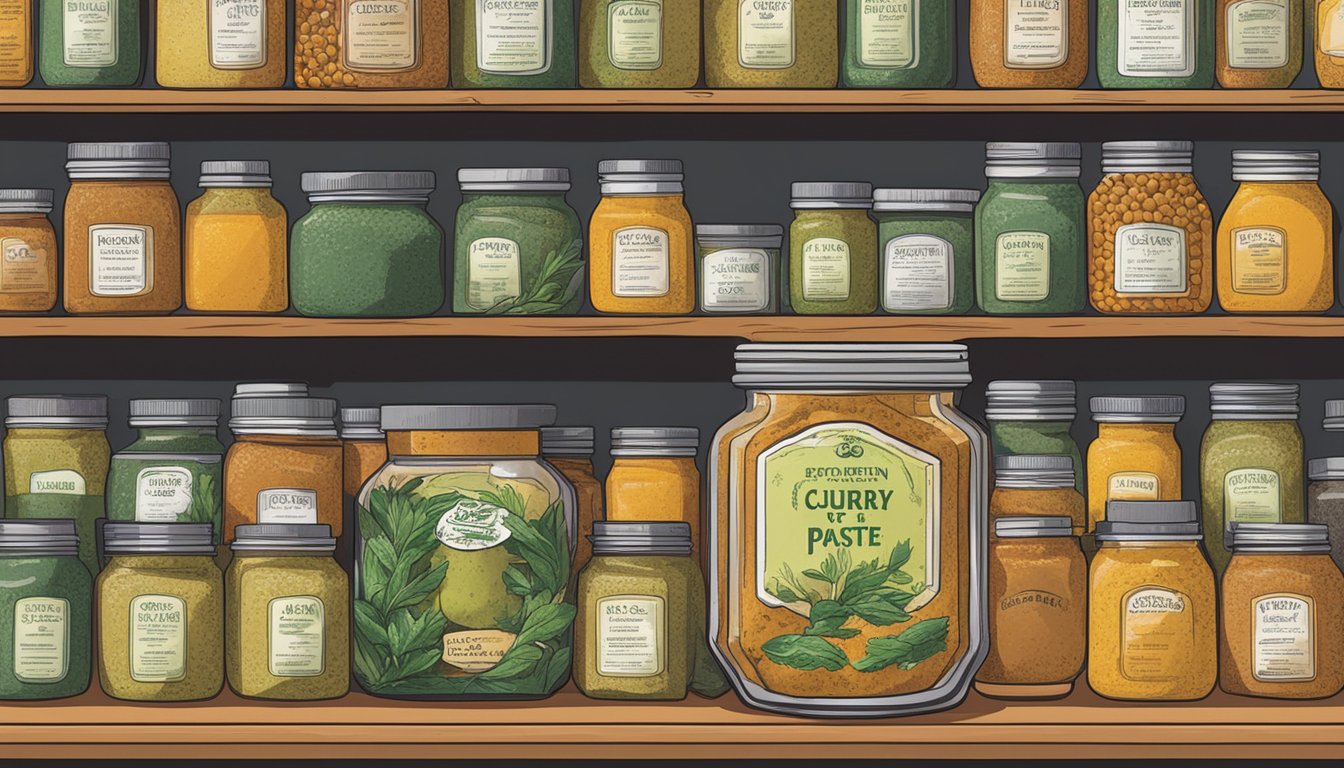 A jar of curry paste sits on a kitchen shelf, surrounded by spices and herbs. The label shows an expiration date