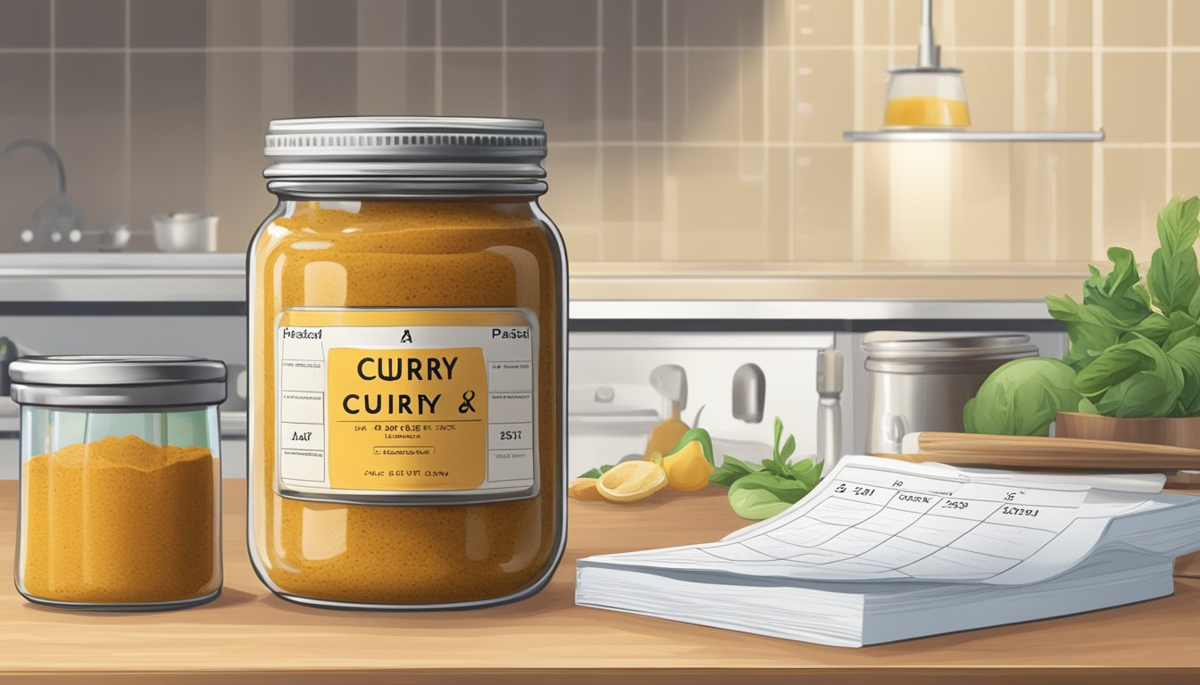 A jar of curry paste sits on a kitchen counter next to a calendar and a clock, with the lid slightly ajar and a faint aroma of spices in the air