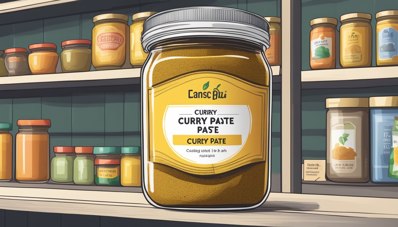 Curry paste in a sealed jar on a shelf, with a label showing the expiration date