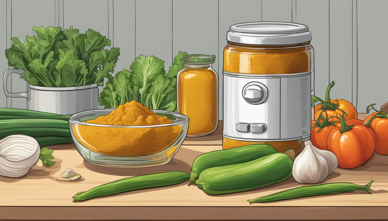 A jar of curry paste sits on a kitchen counter, next to a cutting board with fresh vegetables and a pot simmering on the stove