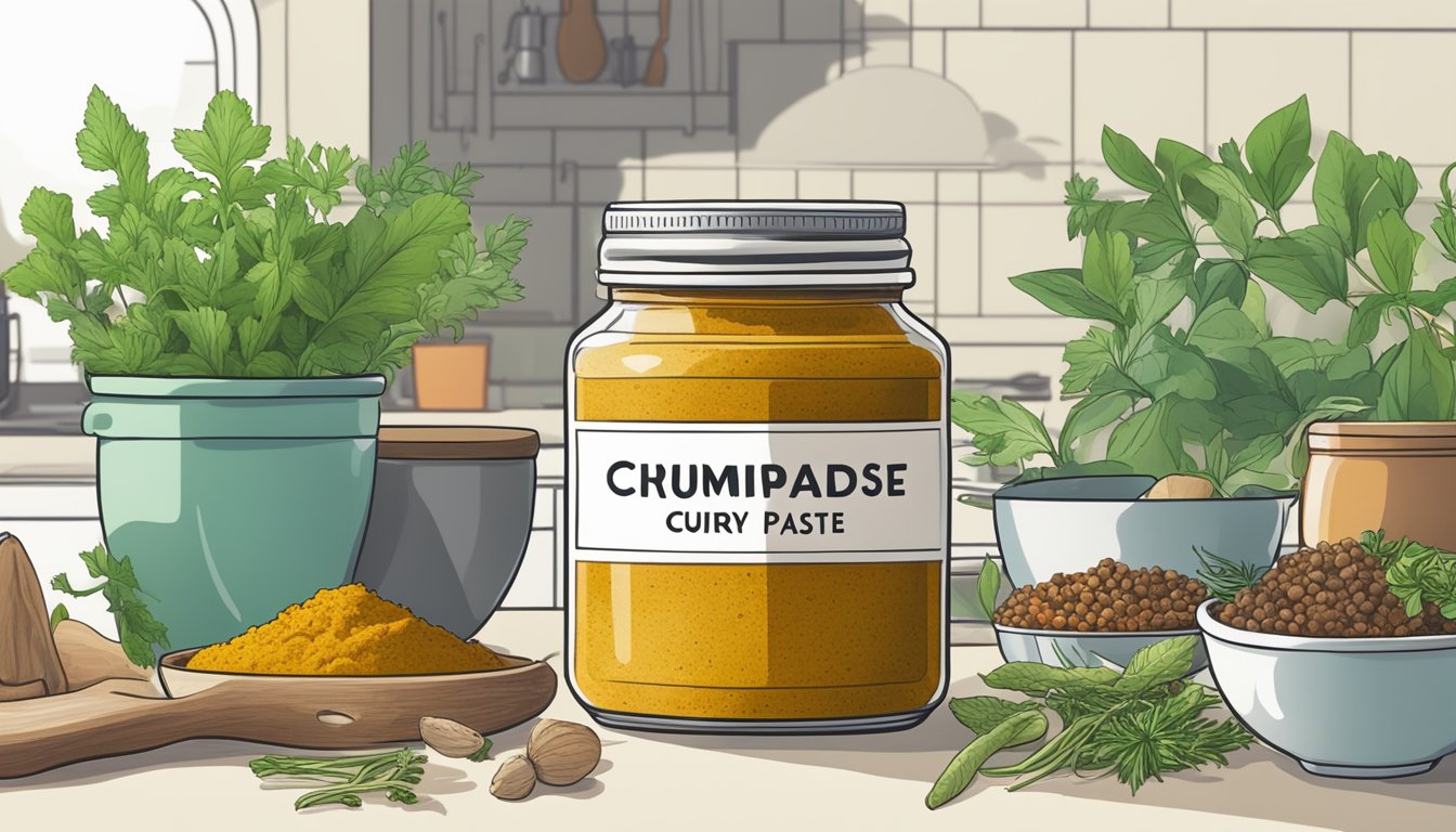 A jar of homemade curry paste sits on a kitchen counter, surrounded by various spices and fresh herbs. The vibrant colors and aromatic smell suggest its freshness