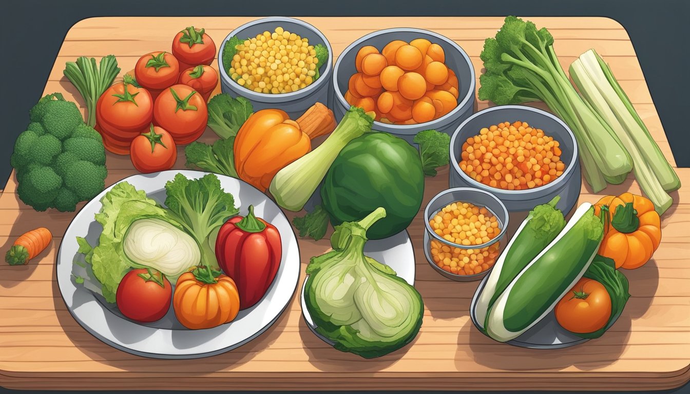 A variety of cut vegetables arranged on a cutting board, with some in a storage container and others on a plate