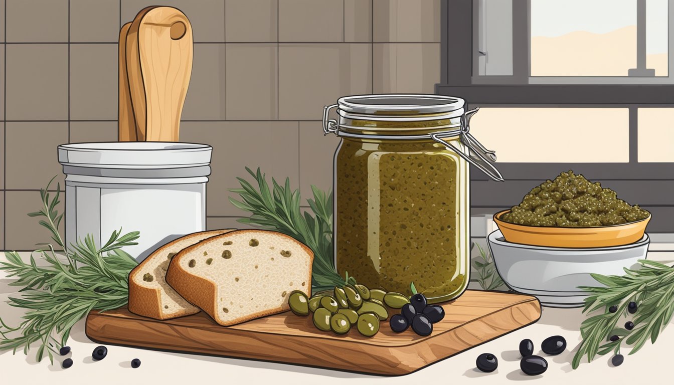 A jar of Divina Olive Tapenade sits on a kitchen counter next to a loaf of crusty bread and a cutting board with fresh herbs and olives