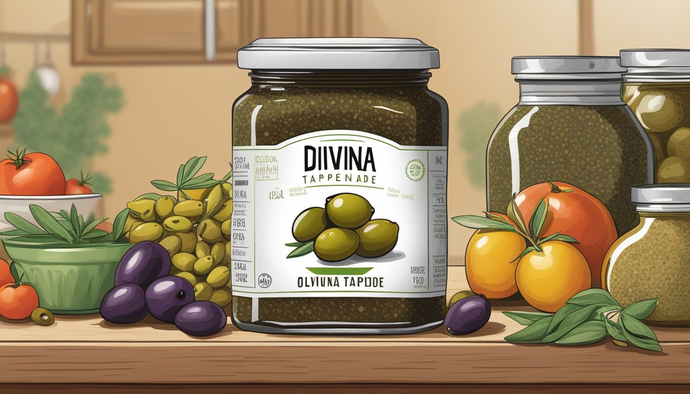 A jar of Divina Olive Tapenade sits on a shelf in a pantry, surrounded by other jars and ingredients. The label on the jar indicates the product's expiration date