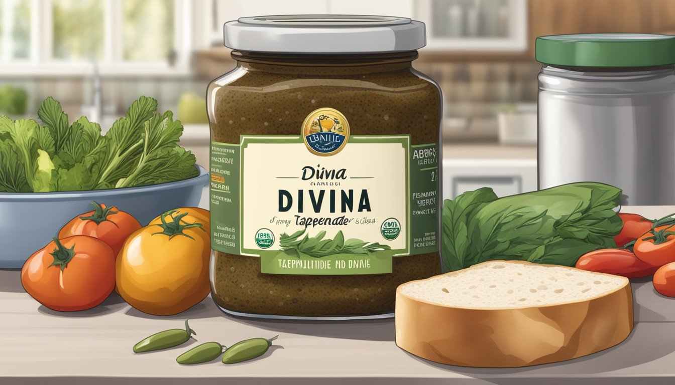 A jar of Divina Olive Tapenade sits on a kitchen counter, surrounded by fresh vegetables and a loaf of bread. The label on the jar indicates the expiration date