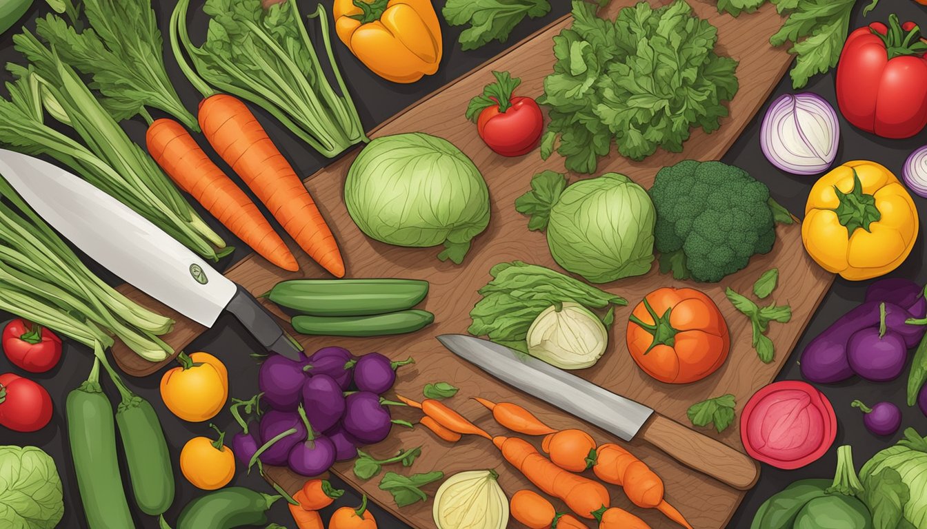 A variety of fresh, colorful vegetables arranged on a cutting board with a knife, ready to be chopped