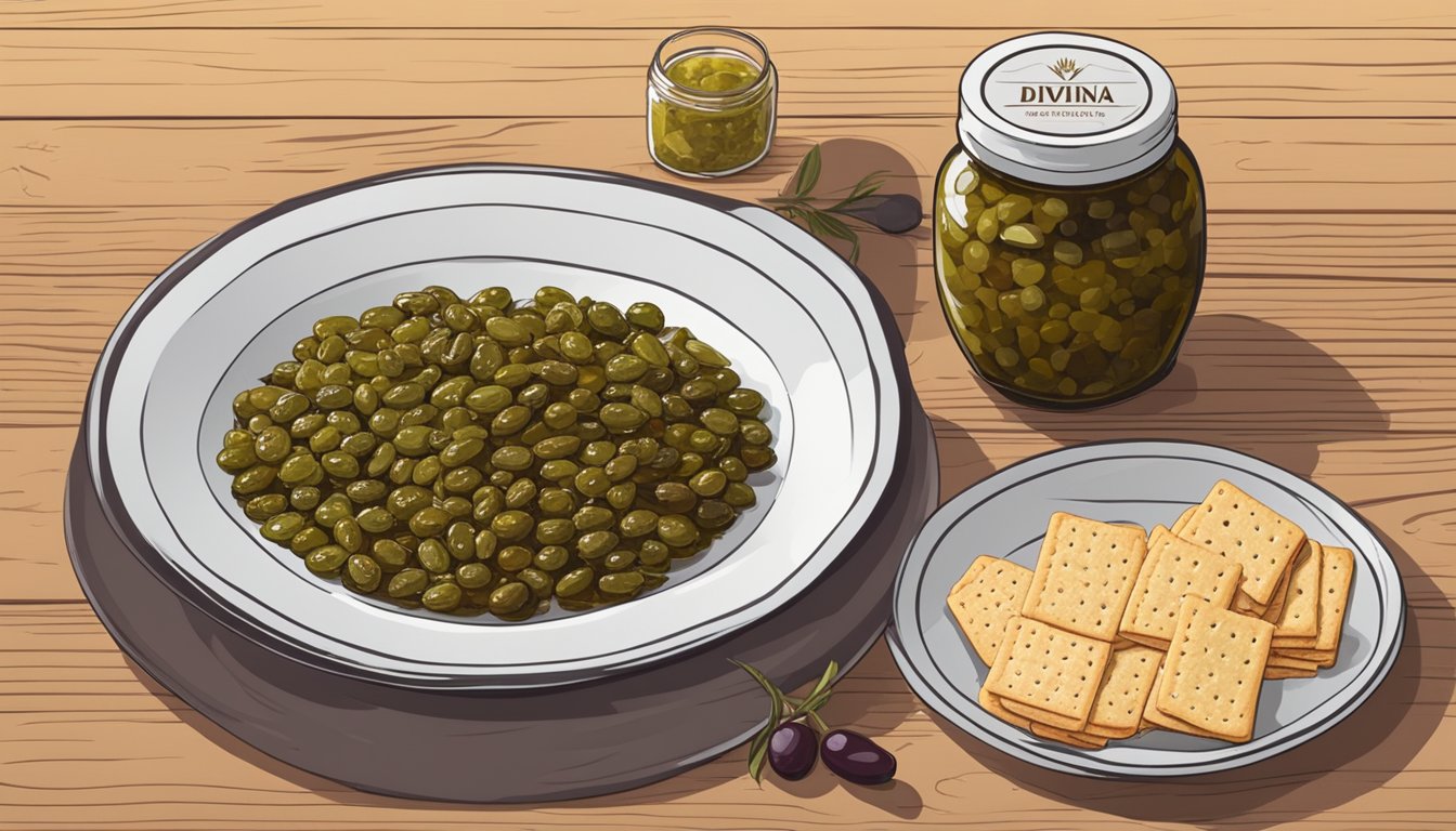 A jar of Divina Olive Tapenade sits on a wooden table next to a plate of crackers and a bottle of wine