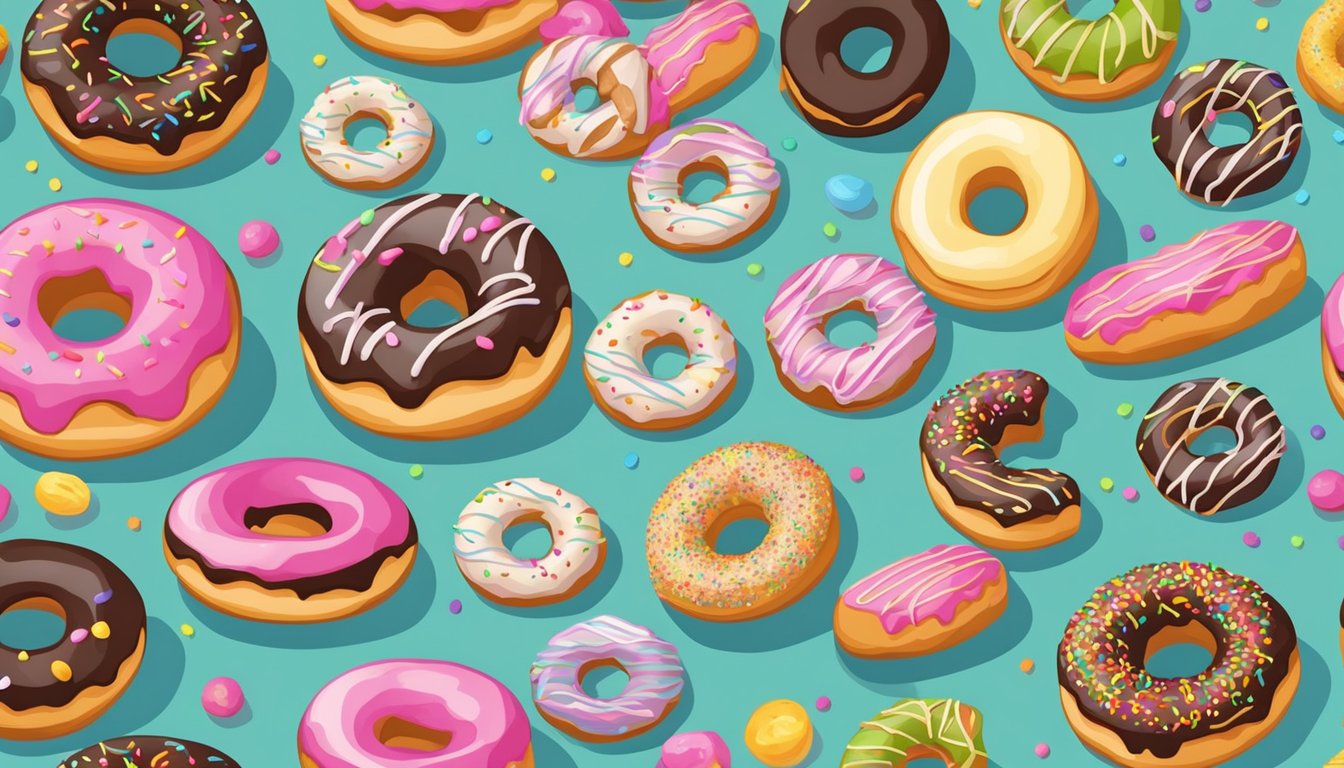 A countertop with a variety of donuts in different shapes and flavors, some with colorful sprinkles, others with glaze, all arranged neatly on a tray