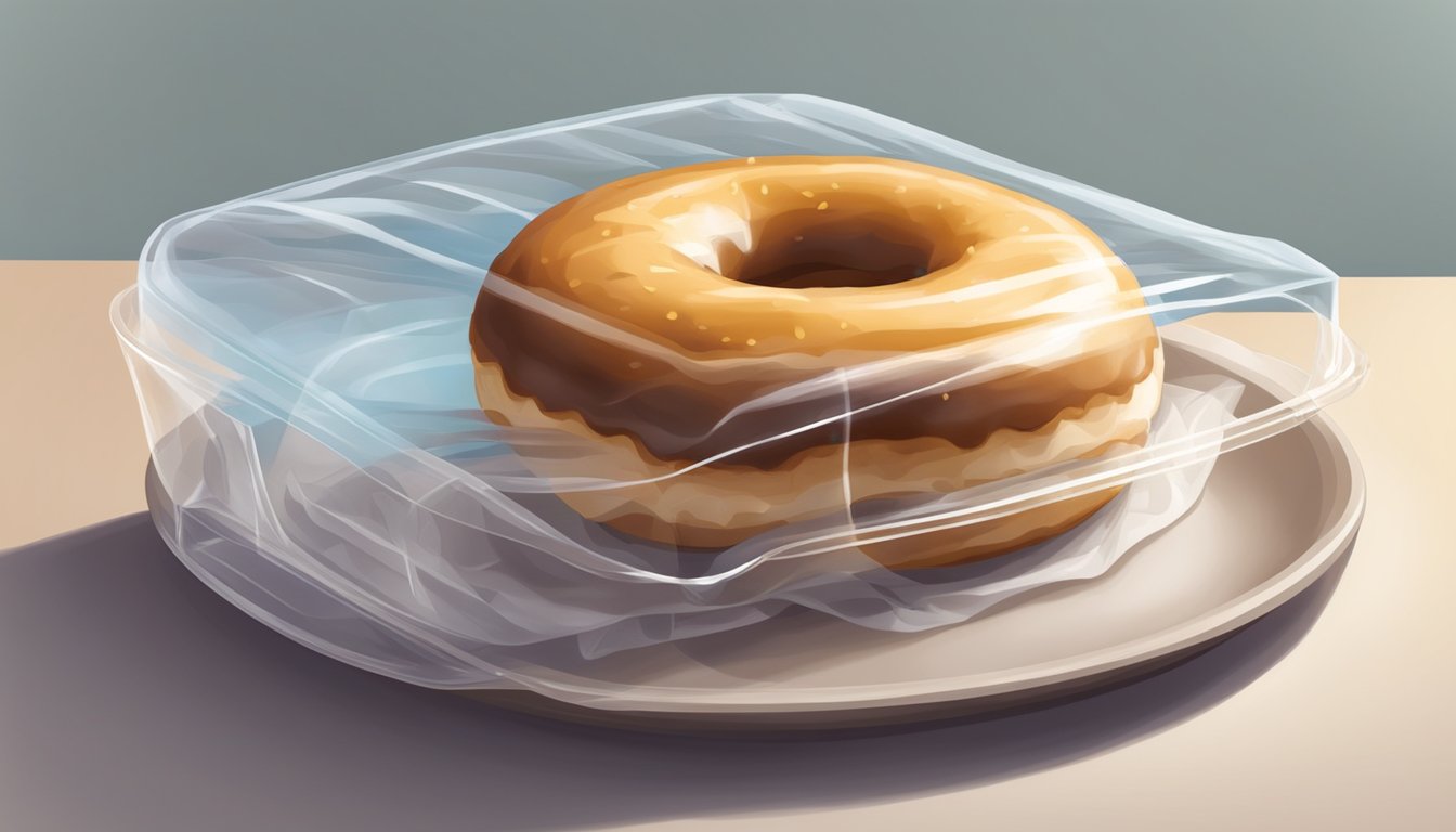 A donut sitting on a plate, covered with a clear plastic wrap, with a date label indicating its freshness