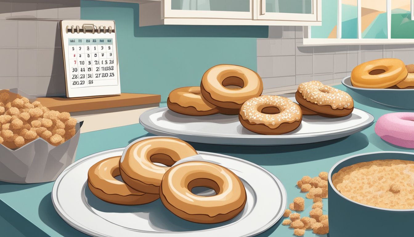 A plate of donuts sits on a kitchen counter, one with a bite taken out, surrounded by crumbs. A calendar on the wall shows the date a week ago