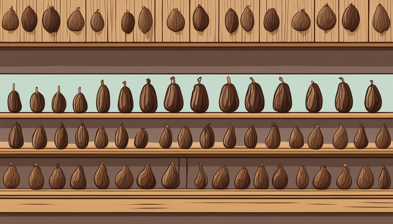 A row of dates in various stages of ripeness, from fresh and plump to dried and wrinkled, arranged on a wooden shelf