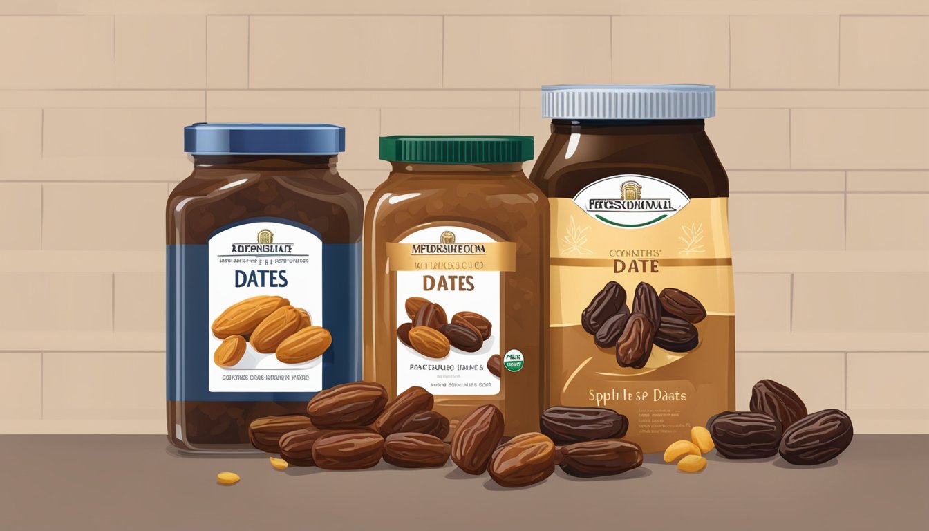 A pantry shelf with a container of dates, some spilling out, surrounded by a few loose dates