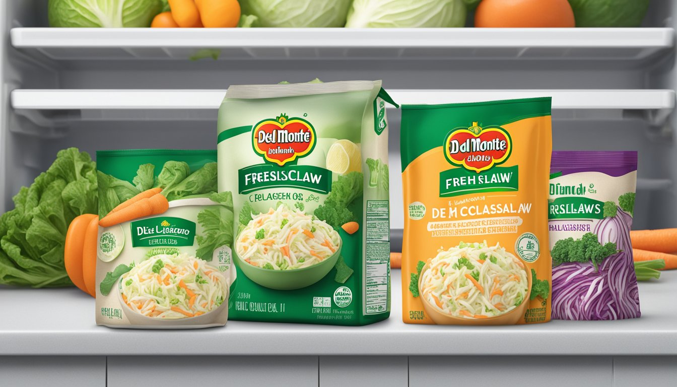 A Del Monte Fresh Coleslaw Kit sits unopened on a refrigerator shelf, surrounded by various fresh ingredients like cabbage, carrots, and dressing