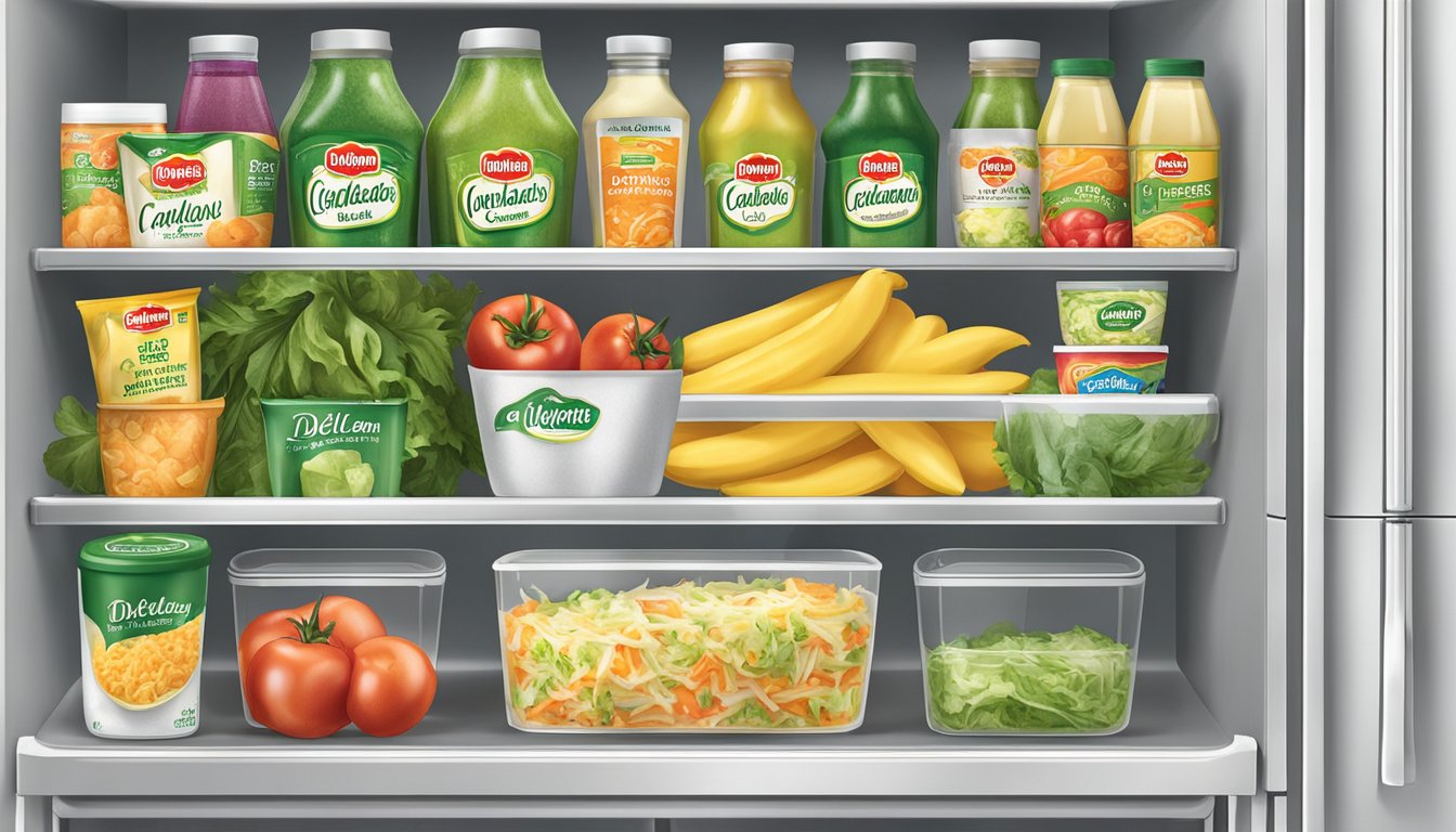 A refrigerator shelf with a Del Monte Fresh Coleslaw Kit, surrounded by other fresh produce and condiments