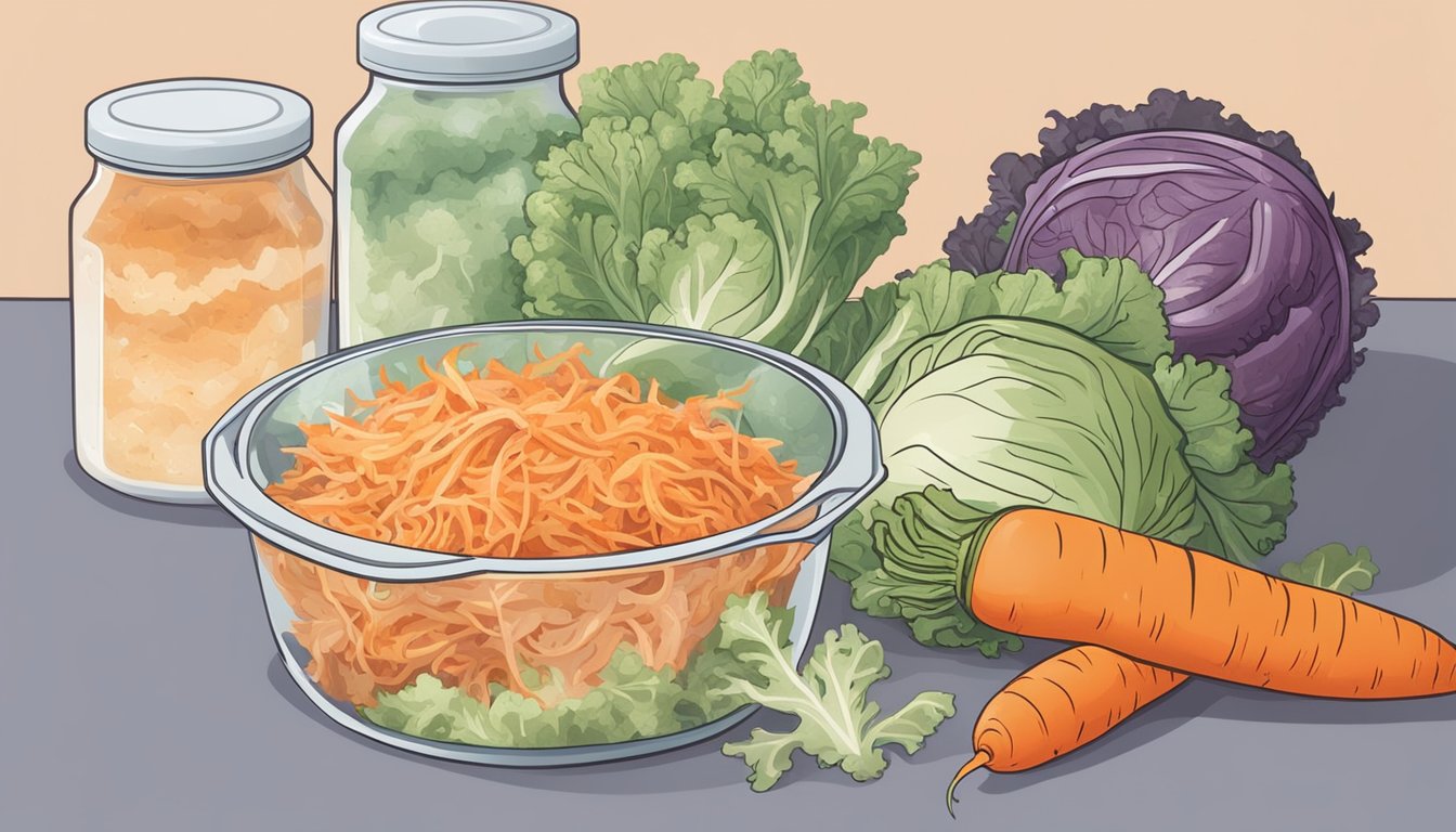 A coleslaw kit sits on a kitchen counter, surrounded by wilting cabbage leaves and moldy carrots. The container is bulging and emitting a foul odor