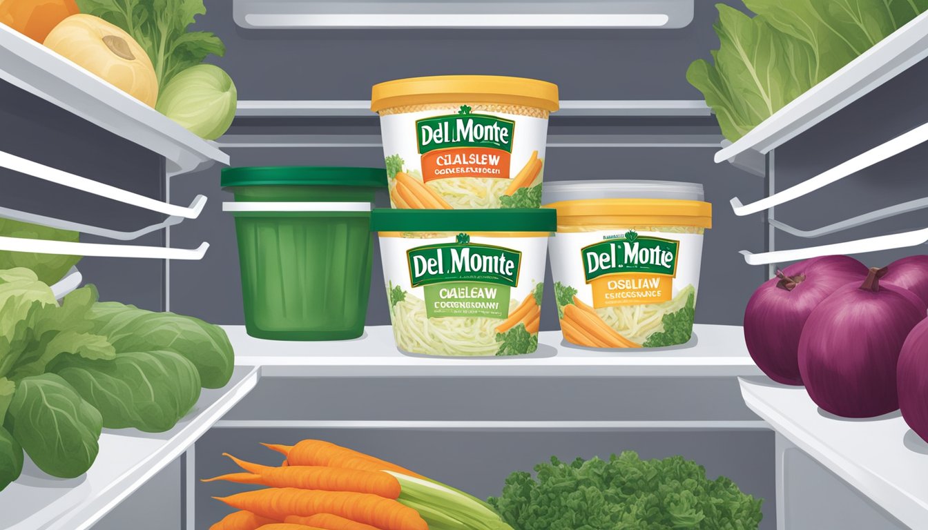 A Del Monte Fresh Coleslaw Kit sits in a refrigerator, surrounded by other fresh produce and sealed containers. The kit's label prominently displays the expiration date