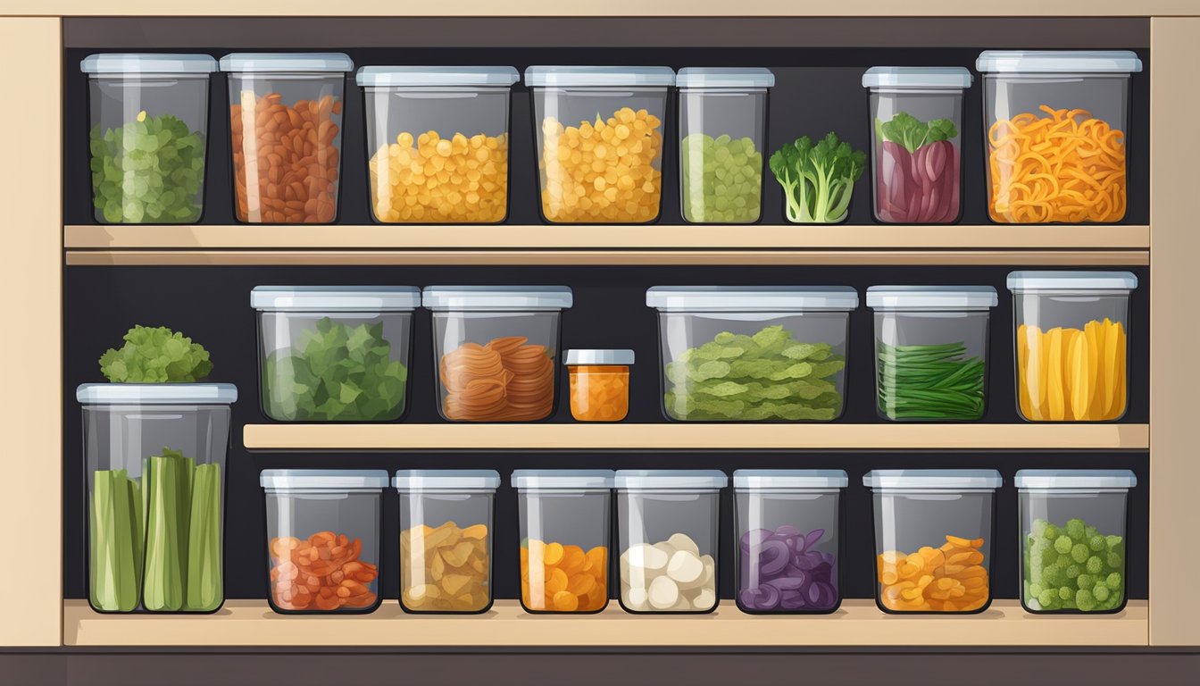 A variety of dehydrated vegetables stored in airtight containers on a pantry shelf