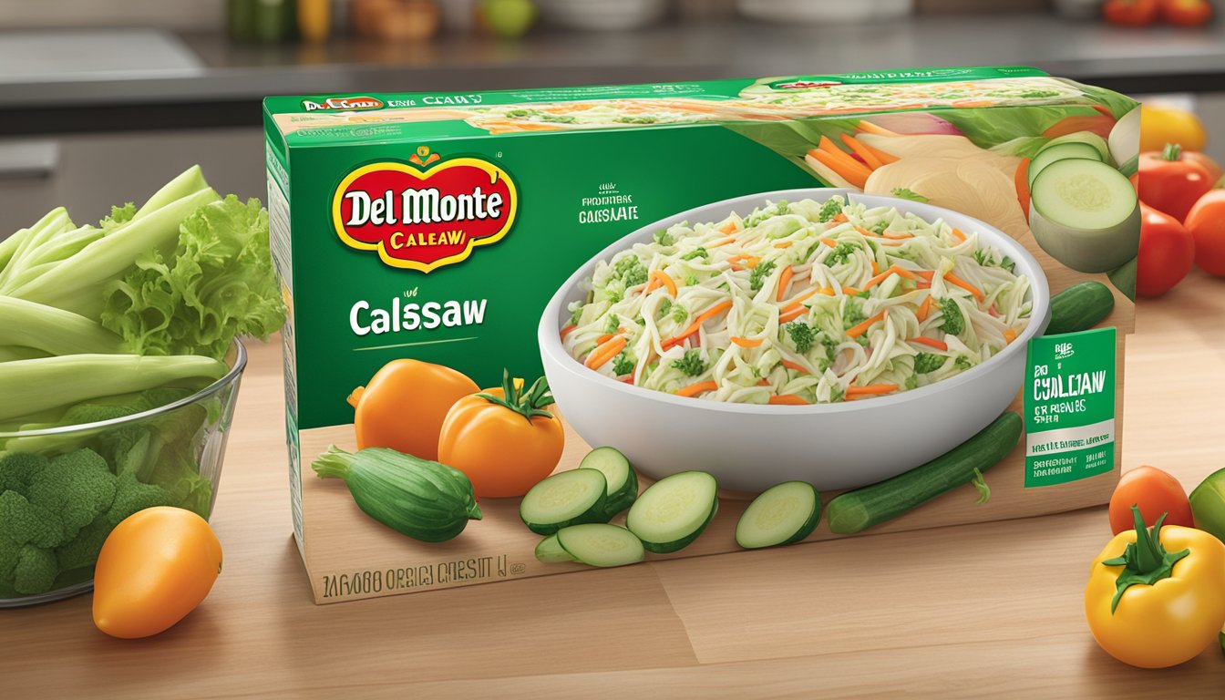 A Del Monte Fresh Coleslaw Kit sits on a kitchen counter, surrounded by vibrant, fresh vegetables. The packaging is unopened, and the vegetables inside appear crisp and ready to be enjoyed