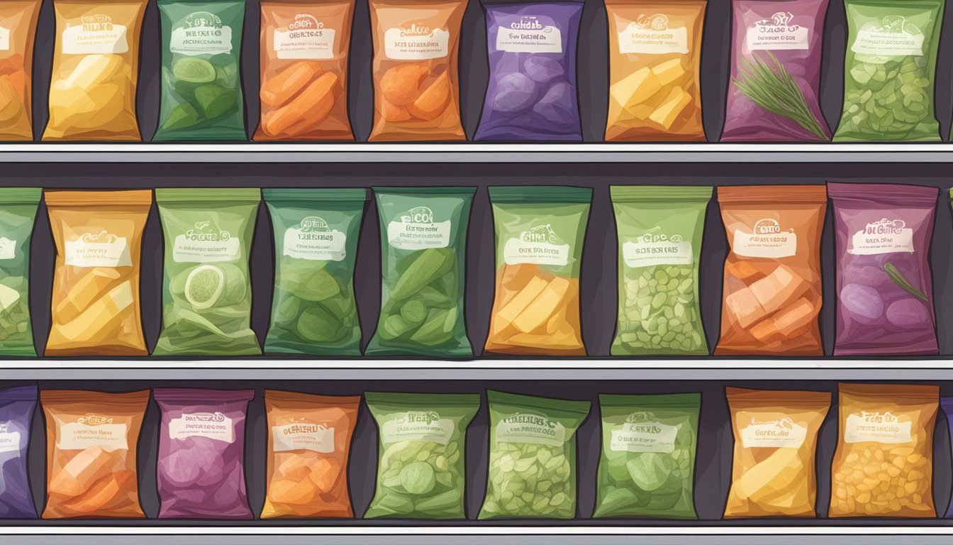 A shelf lined with colorful, vacuum-sealed packets of dehydrated vegetables, with expiration dates clearly labeled