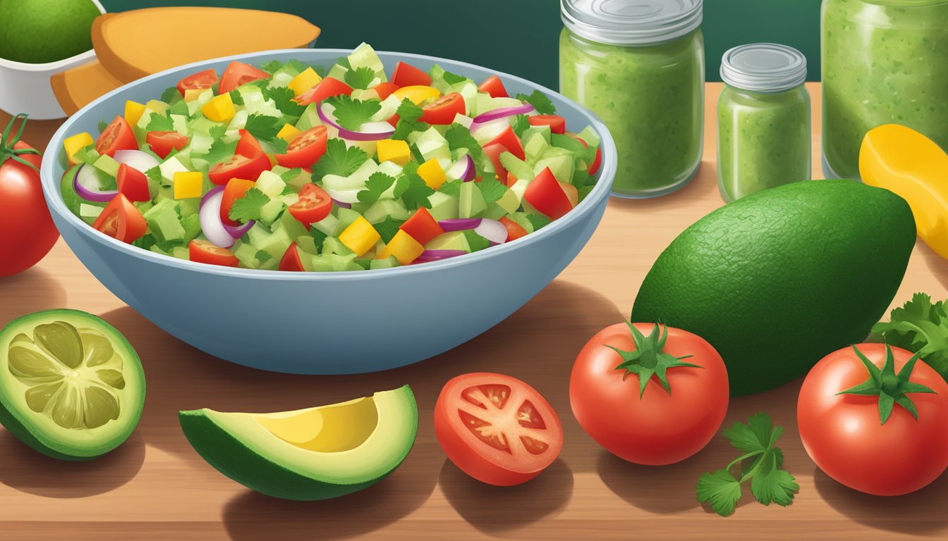 A bowl of Pico de Gallo sits on a table next to a container of Del Monte Fresh Guac, surrounded by colorful ingredients like tomatoes, onions, and cilantro