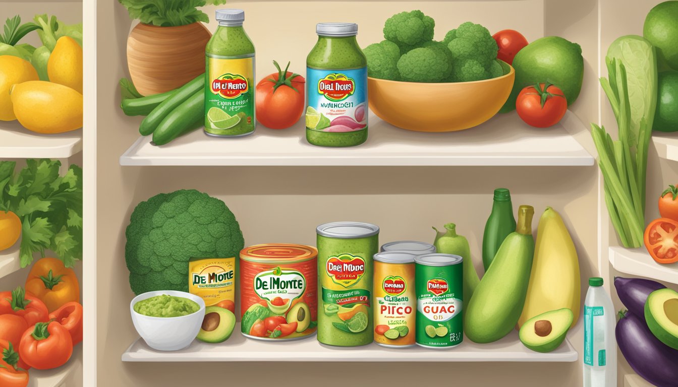 A refrigerator shelf with a sealed container of Del Monte Fresh Guac Pico de Gallo, surrounded by other fresh produce and condiments